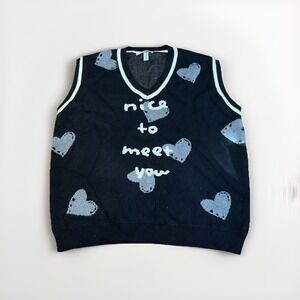 YWFG Graphic Knit Sweater Vest Black Unisex Size L/XL Cartoon Heart Nice To Meet